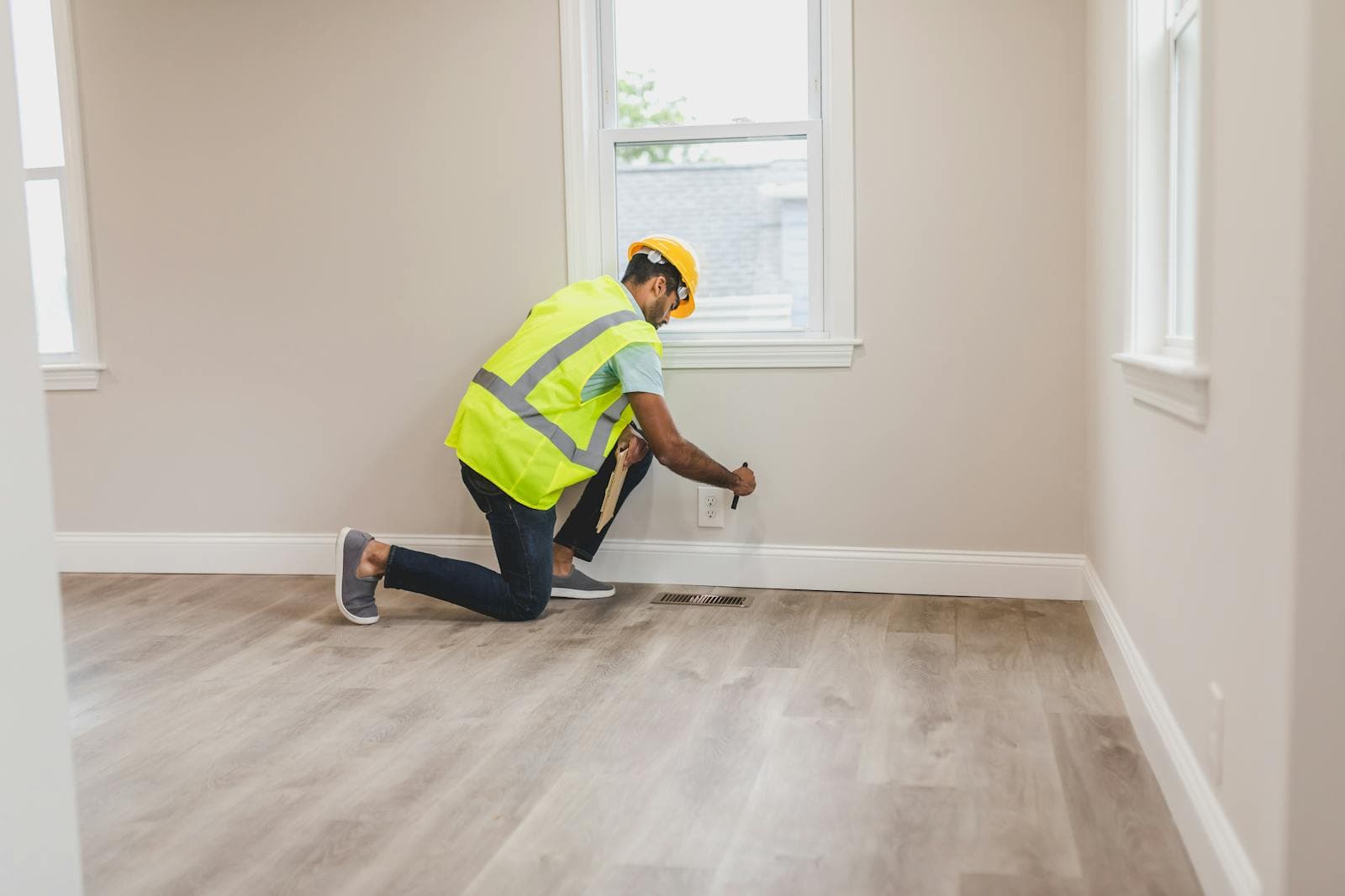 Home inspector examining electrical outlet